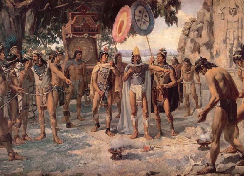 unknow artist Montezuma responds to Chapultepec for develar the esculturos of its ancestros Spain oil painting art